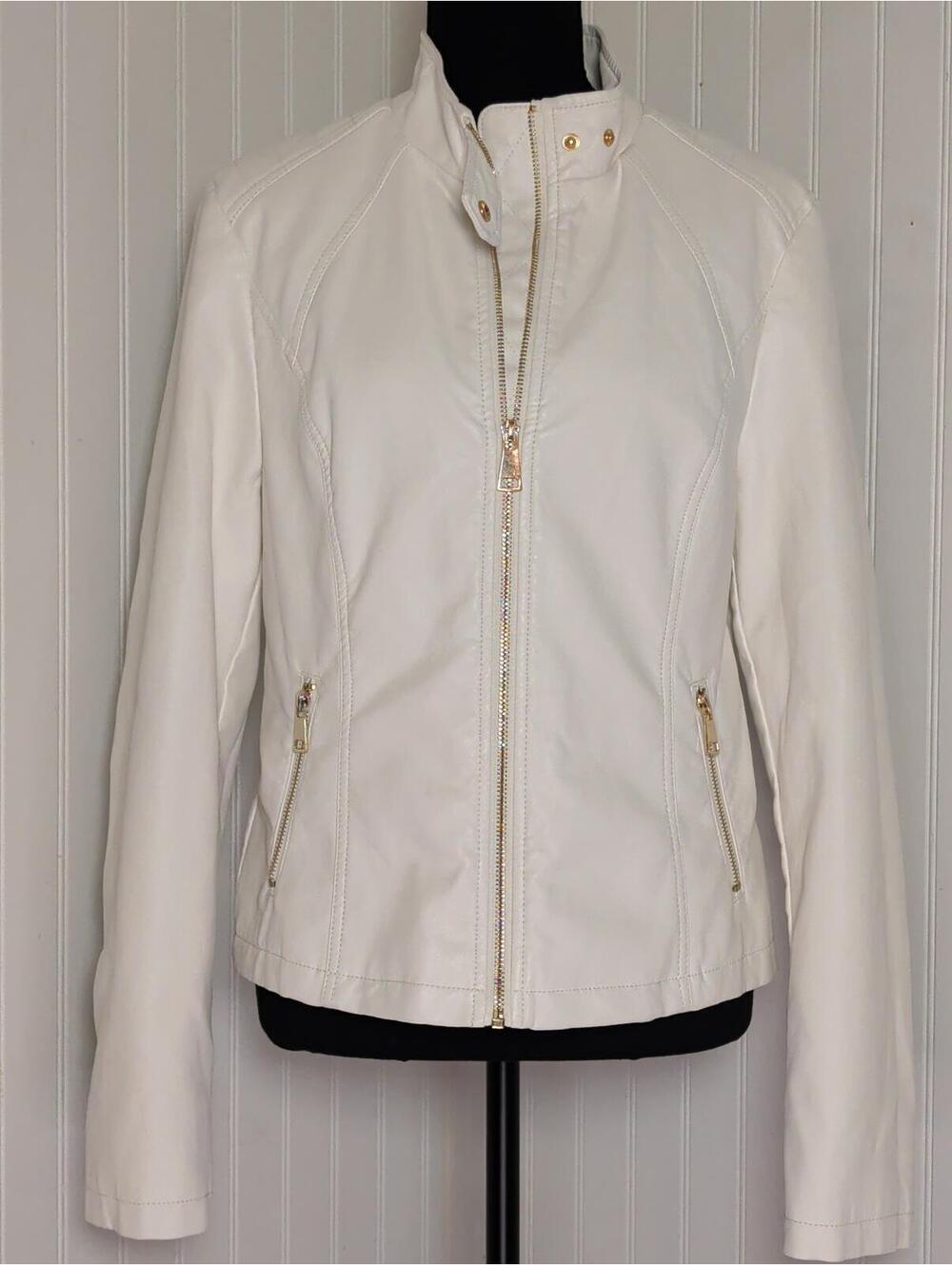 CISSONO White Faux Leather Jacket with Gold Zippers - Medium